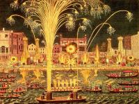 Vyobrazení královského ohňostroje na řece Temži v roce 1749 [nové okno]